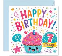 Divertida tarjeta de 7º cumpleaños - Bursting with Birthday Joy - Cupcake sonriente, confeti colorido y un número 7 brillante - Gran diversión para su día especial - cuadrado de 145 mm, sobre incluido