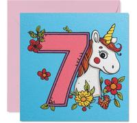 Divertida tarjeta de 7º cumpleaños - Bursting with Birthday Magic - Unicornio sonriente, número 7 rosa grande y flores coloridas - 145 mm cuadrada, sobre incluido