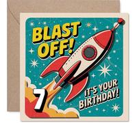 Divertida tarjeta de 7º cumpleaños, diseño colorido de cohete y espacio con atrevida alegría de cumpleaños, cuadrado de 145 mm, sobre incluido