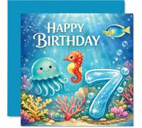 Divertida tarjeta de 7º cumpleaños - Dive into Birthday Fun - Colorida escena submarina con adorables criaturas marinas - 145 mm cuadrada, sobre incluido