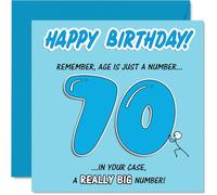 Divertida tarjeta de 70 cumpleaños - A Big 70 and Even Bigger Laughs - divertido diseño azul y blanco con broma ingeniosa de edad - cuadrado de 145 mm, sobre incluido