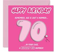 Divertida tarjeta de 70 cumpleaños - Big Laughs for the Big 7-0 - Diseño rosa juguetón con broma ingeniosa "Age Is Just a Number" - Cuadrado de 145 mm, sobre incluido