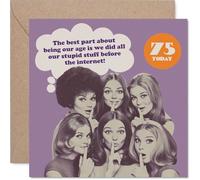 Divertida tarjeta de 75 cumpleaños - Vintage Laughs for a Milestone - Retro Ladies Shushing with 'Did Our Stupid Stuff Before the Internet' - Cuadrado de 145 mm, sobre incluido