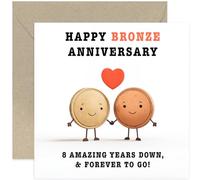 Divertida tarjeta de 8º aniversario, diseño único, "Happy Bronze Anniversary" 8 años abajo, interior en blanco con sobre