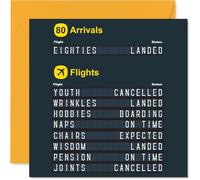 Divertida tarjeta de 80 cumpleaños, ochenta años joven y lista para despegar, diseño divertido de tablero de llegadas al aeropuerto, cuadrado de 145 mm, sobre incluido