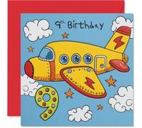 Divertida tarjeta de 9º cumpleaños - Bright Birthday Wishes Take Flight - Avión de dibujos animados, nubes y estrellas con un cuadrado de lunares de 9 a 145 mm, sobre incluido