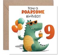 Divertida tarjeta de 9º cumpleaños - Roar into Turning Nine - dinosaurio alegre con globos y magdalenas - rebosante de diversión de cumpleaños - cuadrado de 145 mm, sobre incluido