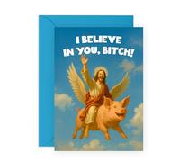Divertida tarjeta de aliento - I Believe In You Bitch - Jesus on Flying Pig Meme - Tarjeta de apoyo para amigos, colegas, ella, él - Felicitación motivacional humorística - Viene con calcomanías