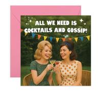 Divertida tarjeta de amistad con texto en inglés "Cocktails and Gossip", diseño de foto vintage, divertido saludo para amiga, hermana, mamá, tía, colega, mejor amiga, mejor amiga, ella, fiesta de