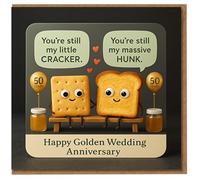 Divertida tarjeta de aniversario de boda dorada - 50 años - You're Still My Little Cracker & Massive Hunk - Bonita tarjeta de pareja de tostadas y galletas para marido, esposa o pareja