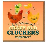 Divertida tarjeta de aniversario - Let's Be Crazy Old Cluckers Together - Pareja de pollo descarada con cócteles, juego de palabras humorístico para pareja, marido, esposa o novia/novio