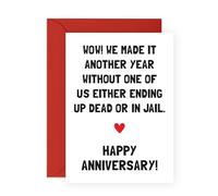Divertida tarjeta de aniversario - We Made It Another Year Tarjeta para marido, esposa, novio, novia, pareja, cónyuge, él, su otra mitad, cárcel o De*d, viene con calcomanías