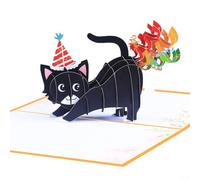 Divertida tarjeta de cumpleaños 3D Up con sobre con gato negro emocionado y confeti para amantes de los gatos, amigos, familiares, colegas, naranja 5 x 7 pulgadas