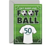 Divertida tarjeta de cumpleaños 50 - Eat Sleep Live Football Vibes - Diseño de camisa verde audaz con "50 Today" - Perfecto para momentos de hito loco - 5 x 7 pulgadas, sobre incluido