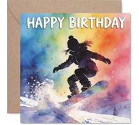 Divertida tarjeta de cumpleaños - Atrapa la emoción - Vibrante acuarela snowboarder volando a través de un arco iris - perfecta para celebrar grandes movimientos - cuadrado de 145 mm, sobre incluido