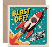 Divertida tarjeta de cumpleaños - Blast off into Birthday Fun - Vibrante diseño de cohete y espacio en azul y rojo audaz - 145 mm cuadrado, sobre incluido