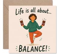 Divertida tarjeta de cumpleaños - Celebra los dulces momentos de la vida - Postura de yoga juguetona con chocolates en la mano ilustración - cuadrado de 145 mm, sobre incluido