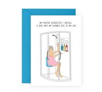 Divertida tarjeta de cumpleaños con texto en inglés "Bar In Shower" para amigos, mejores amigos, ella, él, hermana, colegas, compañeros de trabajo, damas, vecinos - Estante de cóctel y vino - Viene