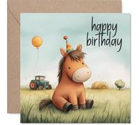 Divertida tarjeta de cumpleaños con texto en inglés "Bring on the Smiles" - Caballo alegre en un sombrero de fiesta en una escena soleada de granja - Diversión alegre para los amantes de los animales