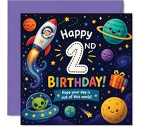 Divertida tarjeta de cumpleaños de 2º cumpleaños - Blast off to Fun - Colorida aventura espacial con cohete, planetas y un alienígena amistoso - Cuadrado de 145 mm, sobre incluido