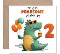 Divertida tarjeta de cumpleaños de 2º cumpleaños - Roarsome Fun for a Big Day - Dinosaurio verde con globos y cupcakes - Diseño alegre que trae sonrisas - Cuadrado de 145 mm, sobre incluido