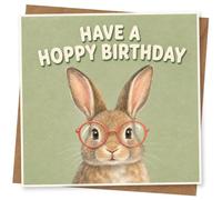 Divertida tarjeta de cumpleaños de conejo con mensaje "Have a Hoppy Birthday", bonito diseño de conejo para los amantes de los animales