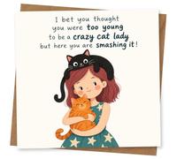 Divertida tarjeta de cumpleaños de gato loco, lindo cumpleaños de gato para amante, felicitaciones humorísticas para ella