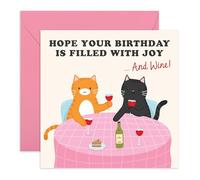 Divertida tarjeta de cumpleaños de gatos - «Joy and Wine!» - Divertido saludo para la familia, mejor amiga, amiga, ella, él, hermana, colega, tía, amante de los gatos, madres peludas - Bebidas y
