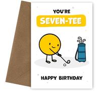 Divertida tarjeta de cumpleaños de golf para hombres, con texto en inglés "You're Seven-tee! Tarjeta perfecta para 70 cumpleaños para él que es un agujero en uno, divertida tarjeta de cumpleaños para