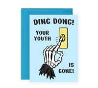 Divertida tarjeta de cumpleaños de la Parca - "¡Ding Dong! Youth Is Gone!" Mano de esqueleto - Tarjeta de broma para amigos, él, ella, hombres, mujeres, esposa, marido, adultos de mediana edad 30 y 40