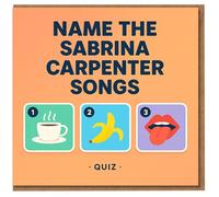 Divertida tarjeta de cumpleaños de Sabrina Carpenter Songs Quiz - Rompecabezas de música pop con taza de café, plátano y labios iconos - para fans y amigos