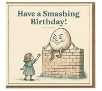 Divertida tarjeta de cumpleaños - Have a Smashing Birthday - Libro de cuentos vintage Humpty Dumpty en la pared - Humor de juego de palabras para amigos y familiares