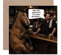 Divertida tarjeta de cumpleaños, juego de palabras de pub con un caballo en el bar, escena de dibujos animados descarada y broma clásica "Why the Long Face?", seguro que obtendrás una risa de