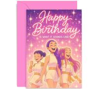 Divertida tarjeta de cumpleaños K-pop para ella, con texto en inglés "Happy Birthday Is What It Sounds Like!", diseño animado, para niñas y niños, para amigos, sobrina, hija, nieta, familia, interior