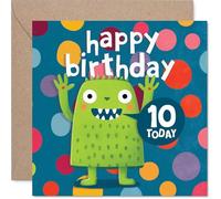 Divertida tarjeta de cumpleaños número 10 - Bursting with Cheeky Monster Fun - Criaturas brillantes y coloridas en modo fiesta - Cuadrada de 145 mm, sobre incluido