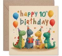 Divertida tarjeta de cumpleaños número 10 - Diversión rugiendo para cumplir diez - Dinosaurios coloridos con globos y regalos - Rebosante de alegría de cumpleaños - Cuadrado de 145 mm, sobre incluido