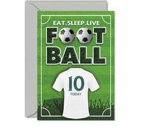Divertida tarjeta de cumpleaños número 10 - Eat Sleep Live Football - vibrante diseño de tono verde con camiseta del número 10 - perfecta para cumpleaños locos por el fútbol - 5 x 7 pulgadas, sobre