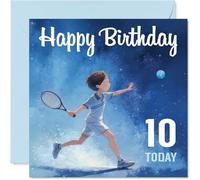 Divertida tarjeta de cumpleaños número 10 - Juego, conjunto, Match to Turning Ten - Ilustración energética de tenis con fondo azul estrellado - Cuadrado de 145 mm, sobre incluido