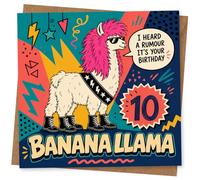 Divertida tarjeta de cumpleaños número 10 para niños o adolescentes, tarjeta de llama Bananalama con mensaje de rumor de cumpleaños, bonita novedad