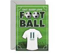 Divertida tarjeta de cumpleaños número 11 - Eat Sleep Live Football - Diseño audaz de jersey en tono verde exuberante - perfecta para jóvenes fanáticos del fútbol - 5 x 7 pulgadas, sobre incluido