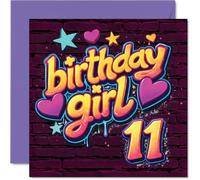 Divertida tarjeta de cumpleaños número 11 - Vibraciones de celebración brillantes - Diseño colorido de estrellas y corazones con texto en inglés «Birthday Girl 11» - Cuadrado de 145 mm, sobre incluido
