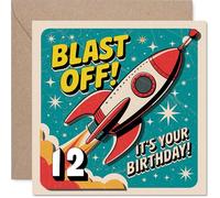 Divertida tarjeta de cumpleaños número 12 - Blast off to Twelve - Vibrante cohete y escena espacial con rojo atrevido, azul y amarillo - cuadrado de 145 mm, sobre incluido