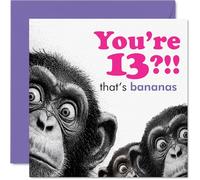 Divertida tarjeta de cumpleaños número 13 - Going Bananas at Turning 13 - Ilustración divertida de un trío de chimpancés en rosas y morados atrevidos - Cuadrado de 145 mm, sobre incluido