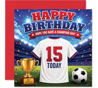 Divertida tarjeta de cumpleaños número 15 - Celebra su momento de campeón - Camiseta de fútbol, trofeo y confeti - Vibraciones de estadio para el gran día de un adolescente - Cuadrado de 145 mm, sobre