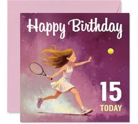 Divertida tarjeta de cumpleaños número 15 - Juego, juego, partido contigo, adolescente amante del tenis en acción sobre un fondo rosa púrpura de ensueño - cuadrado de 145 mm, sobre incluido