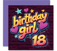 Divertida tarjeta de cumpleaños número 18 - Celebra su gran estilo de 18 pulgadas - Estrellas coloridas y corazones con diseño audaz de «Birthday Girl 18» - Cuadrado de 145 mm, sobre incluido