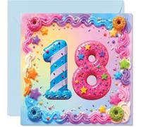 Divertida tarjeta de cumpleaños número 18 - Espolvorea algo de diversión en su gran hito - Colorido diseño de dona y pastel número 18 - cuadrado de 145 mm, sobre incluido