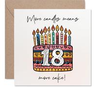 Divertida tarjeta de cumpleaños número 18, más velas significa más pastel, vibrante con pastel colorido y velas, un guiño descarado a la celebración de los 18 grandes, cuadrado de 145 mm, sobre