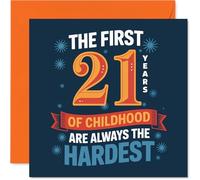 Divertida tarjeta de cumpleaños número 21 con texto en inglés «The Tricky Bit's over», celebración de la infancia azul brillante y naranja, perfecta para una risa de hito, cuadrada de 145 mm, sobre