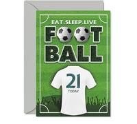 Divertida tarjeta de cumpleaños número 21 - Eat Sleep Live Football - Diseño de campo verde audaz y jersey - ideal para la celebración de un hito de los mejores fanáticos del fútbol - 5 x 7 pulgadas